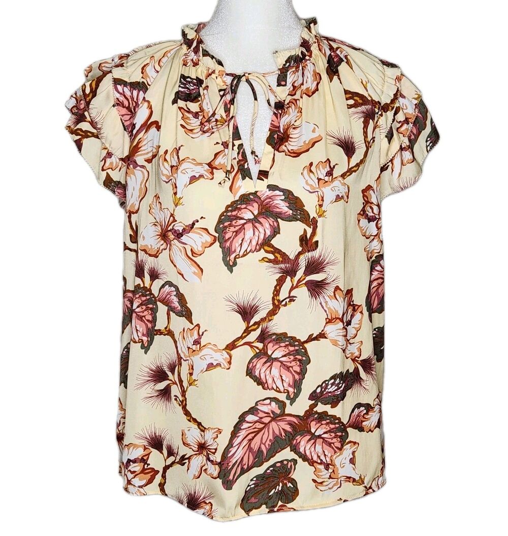 Philosophy Yellow Botanical Leaf Print Tie Neck Ruffle Sleeve Blouse S Boho Chic